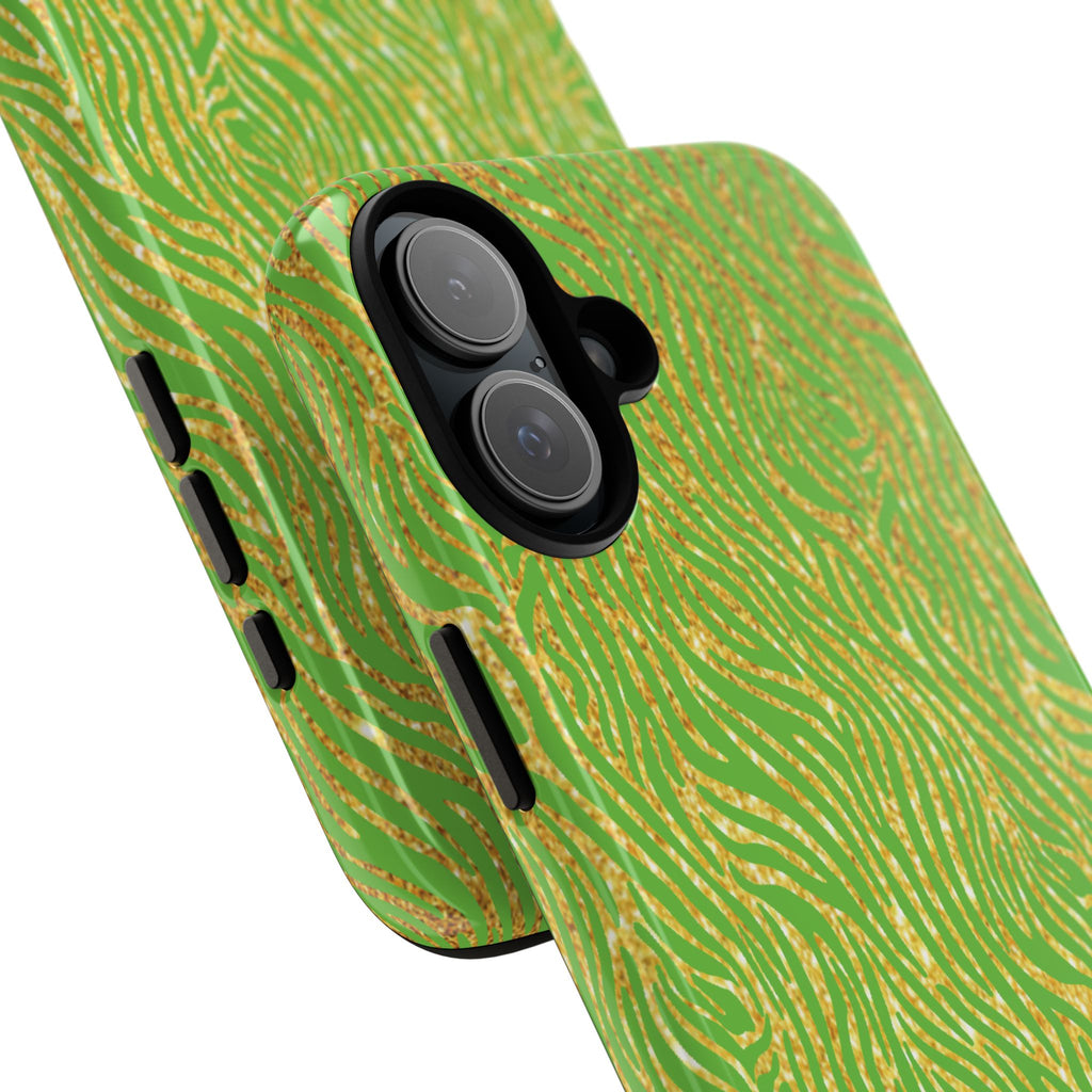 Neon Green Gold Zebra Tough Phone Case for iPhone, Galaxy, or Google Pixel