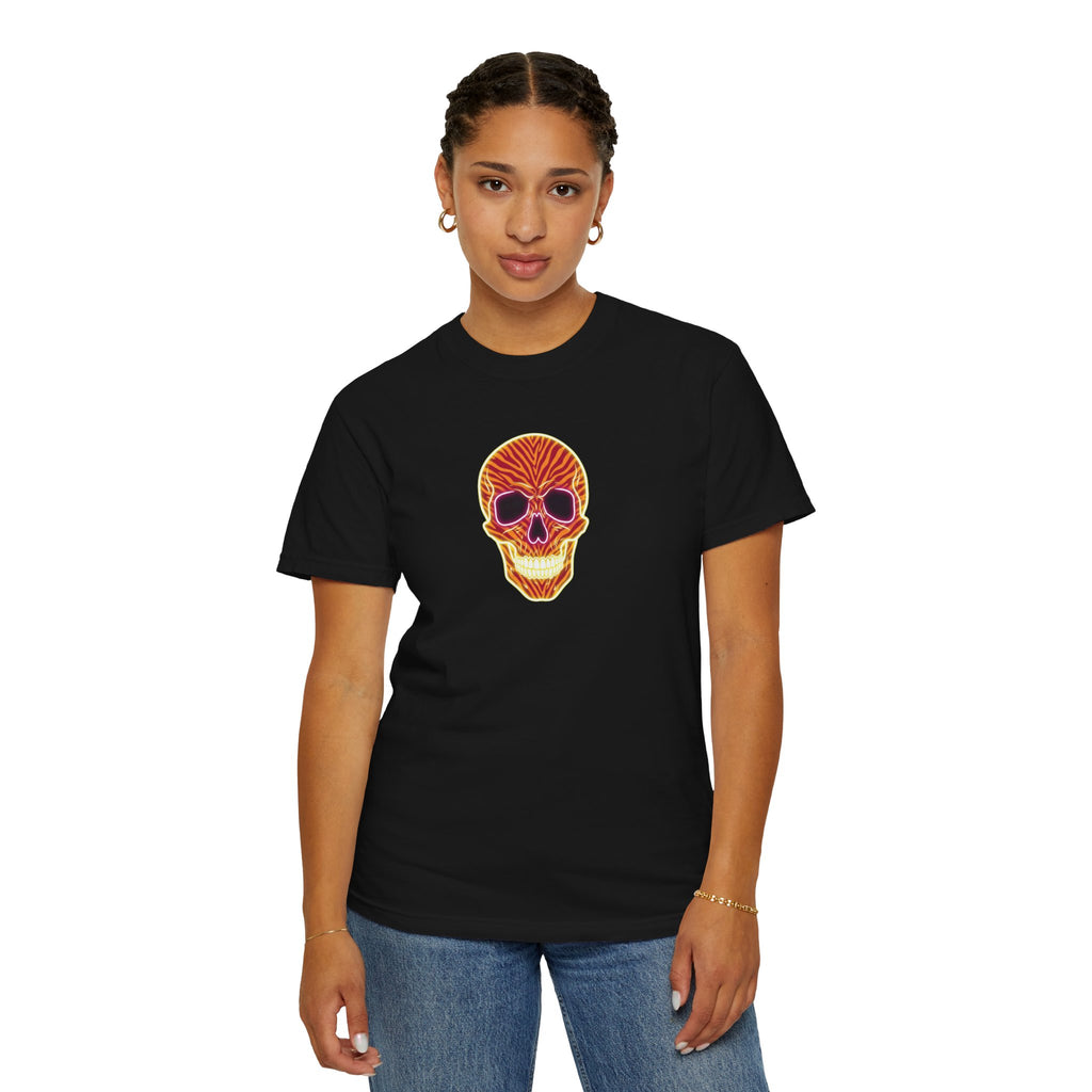 Neon Orange Flame Vibe Zebra Print Skull Unisex Garment-Dyed T-shirt