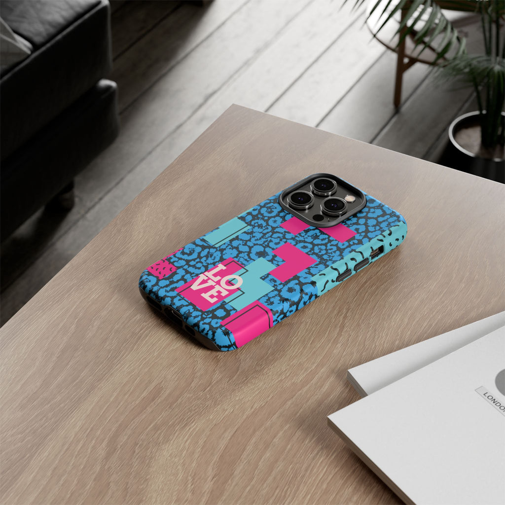 LOVE Blue Leopard 80s Vibe Tough Case for iPhone, Galaxy, or Google Pixel