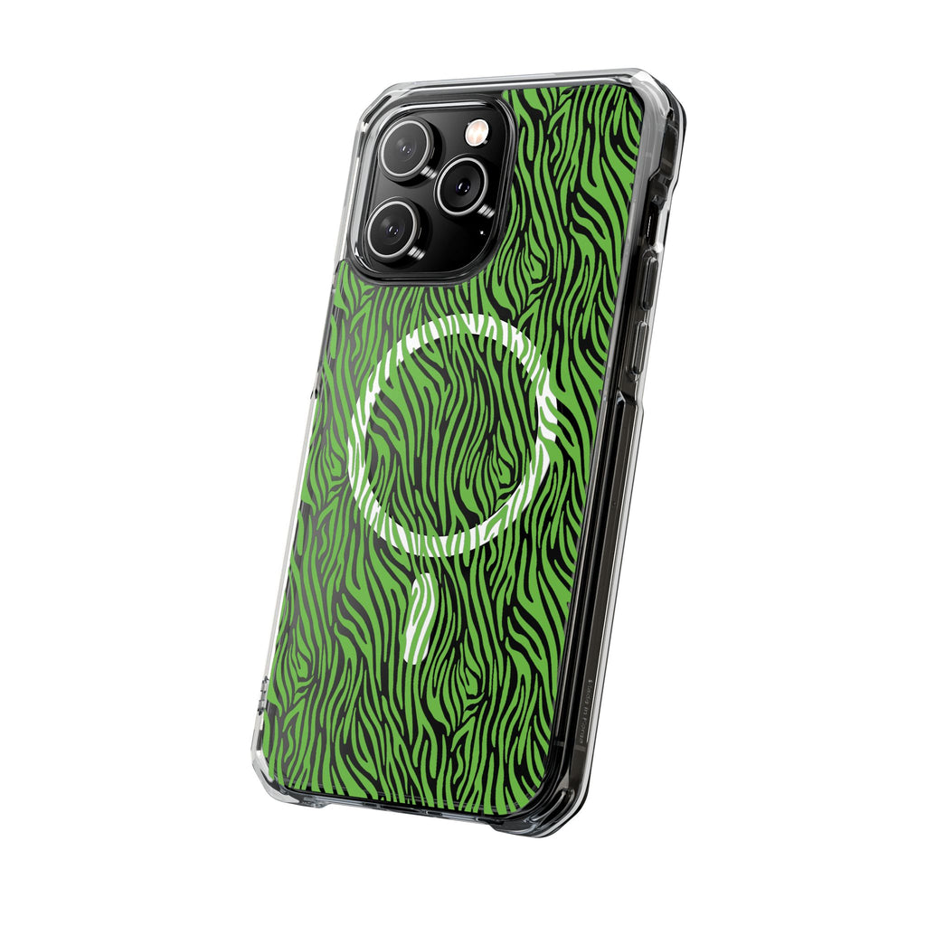 Neon Green Zebra Magnetic iPhone 14, 15, 16 Series Clear Impact Cases