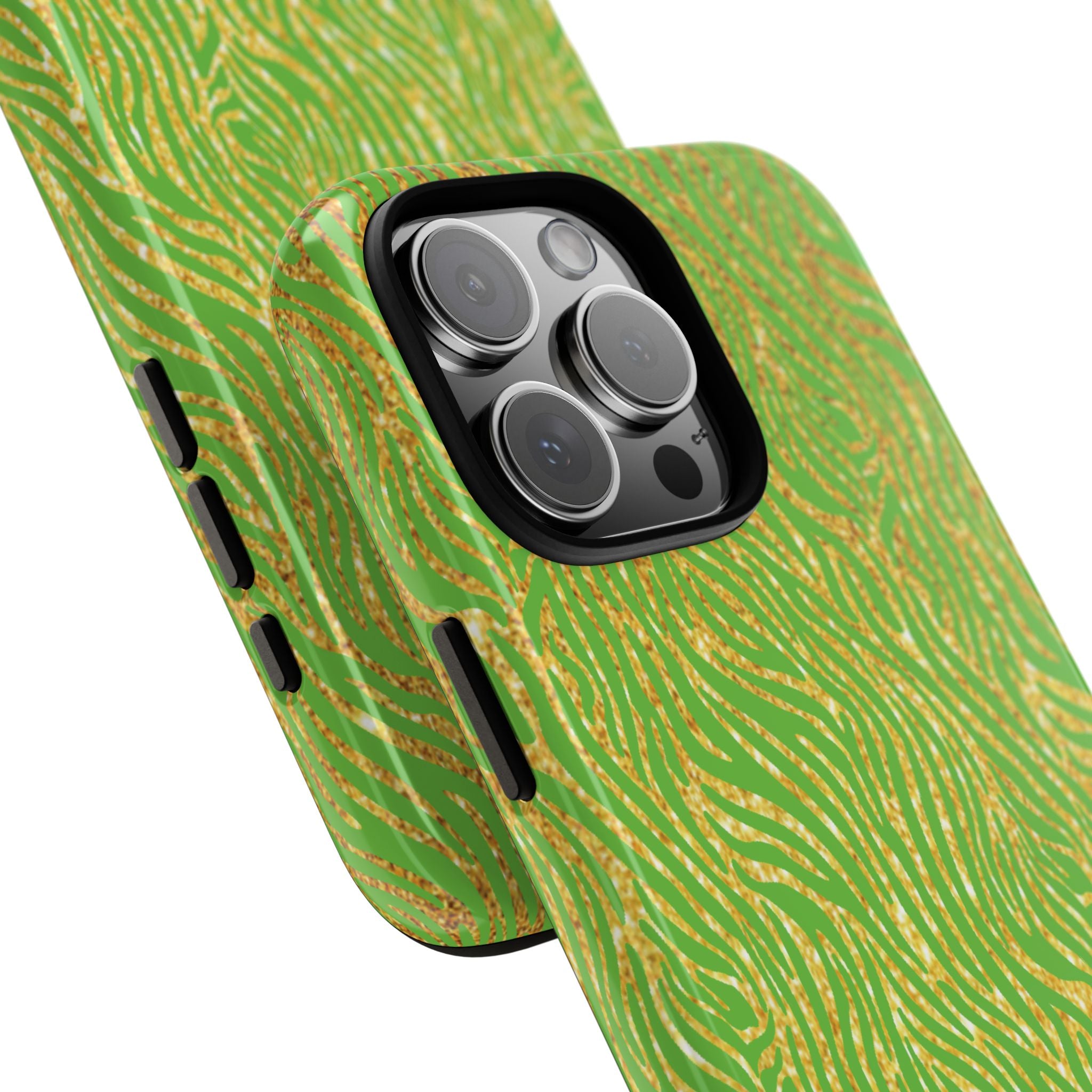Neon Green Gold Zebra Tough Phone Case for iPhone, Galaxy, or Google Pixel