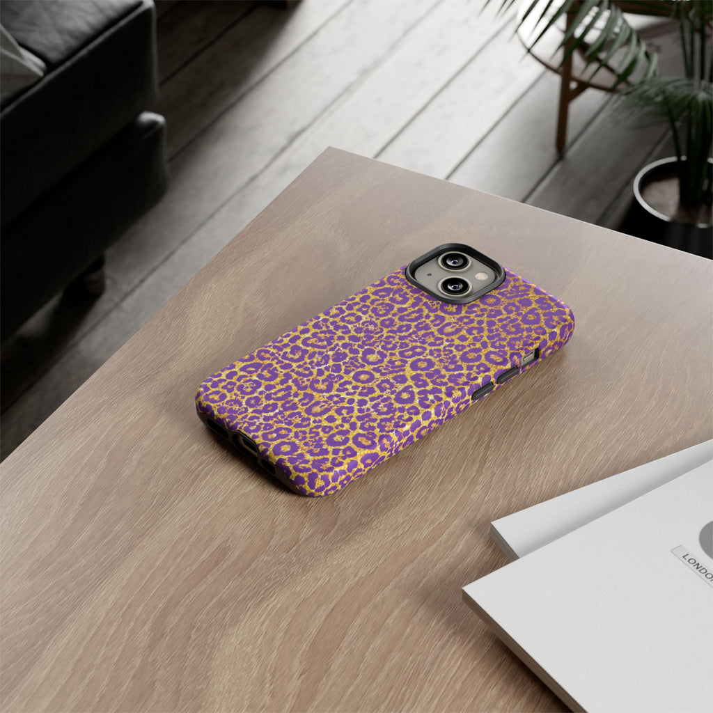 Purple Gold Leopard Tough Phone Case for iPhone, Galaxy, or Google Pixel