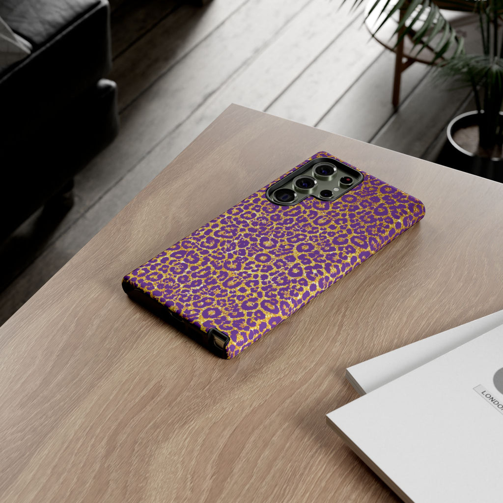 Purple Gold Leopard Tough Phone Case for iPhone, Galaxy, or Google Pixel