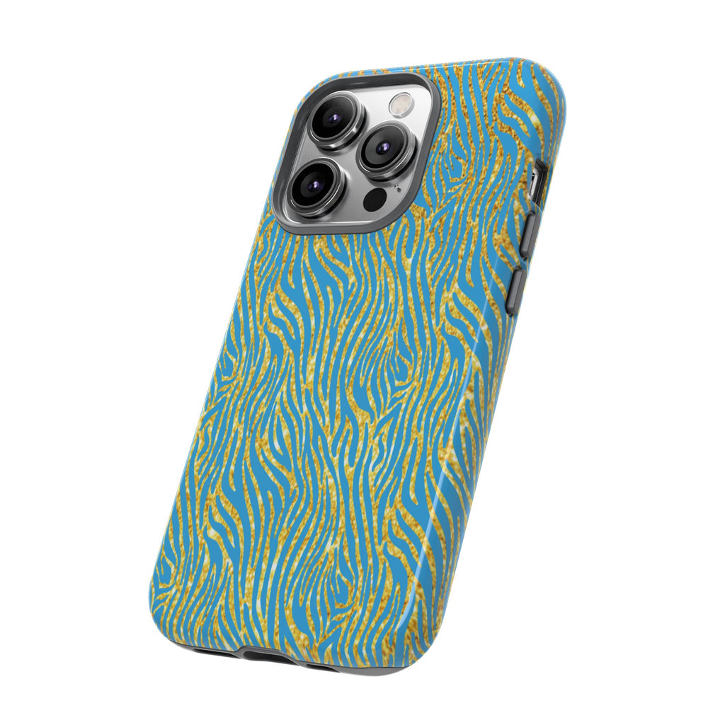 Blue Gold Zebra Tough Case for iPhone, Galaxy, or Google Pixel