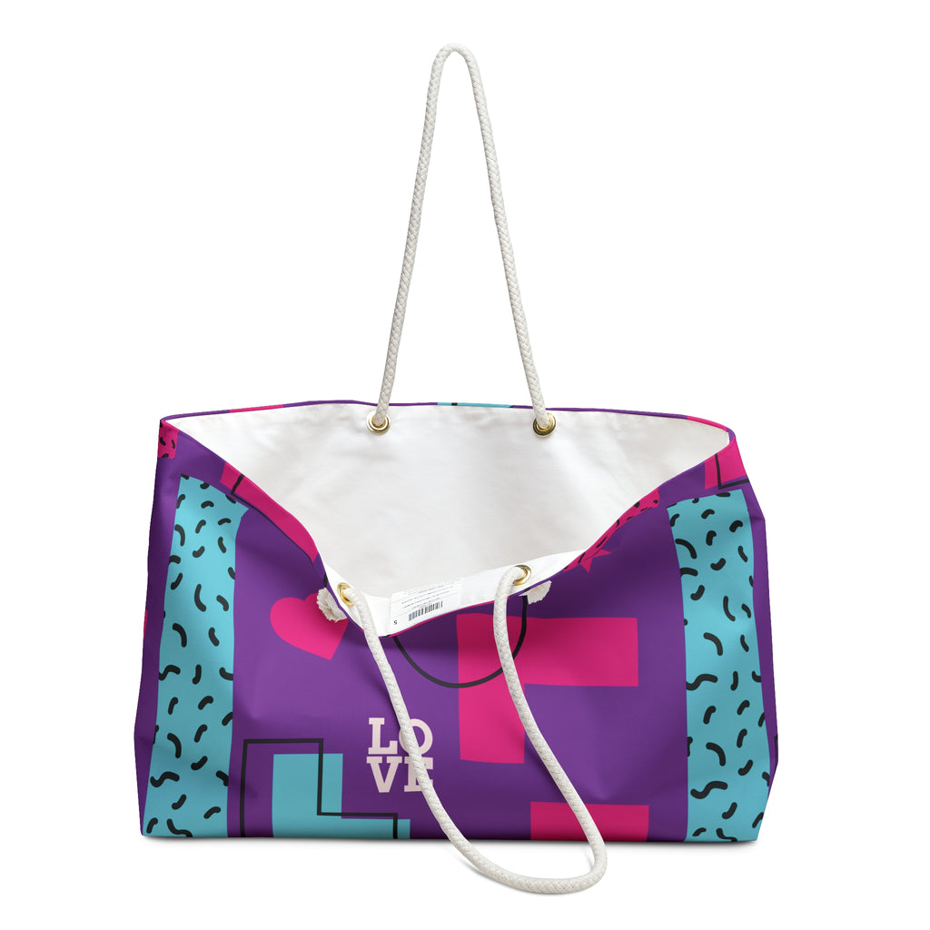 LOVE Retro Blocks Purple Eco-Friendly Weekender Bag, Travel Tote, Beach Bag