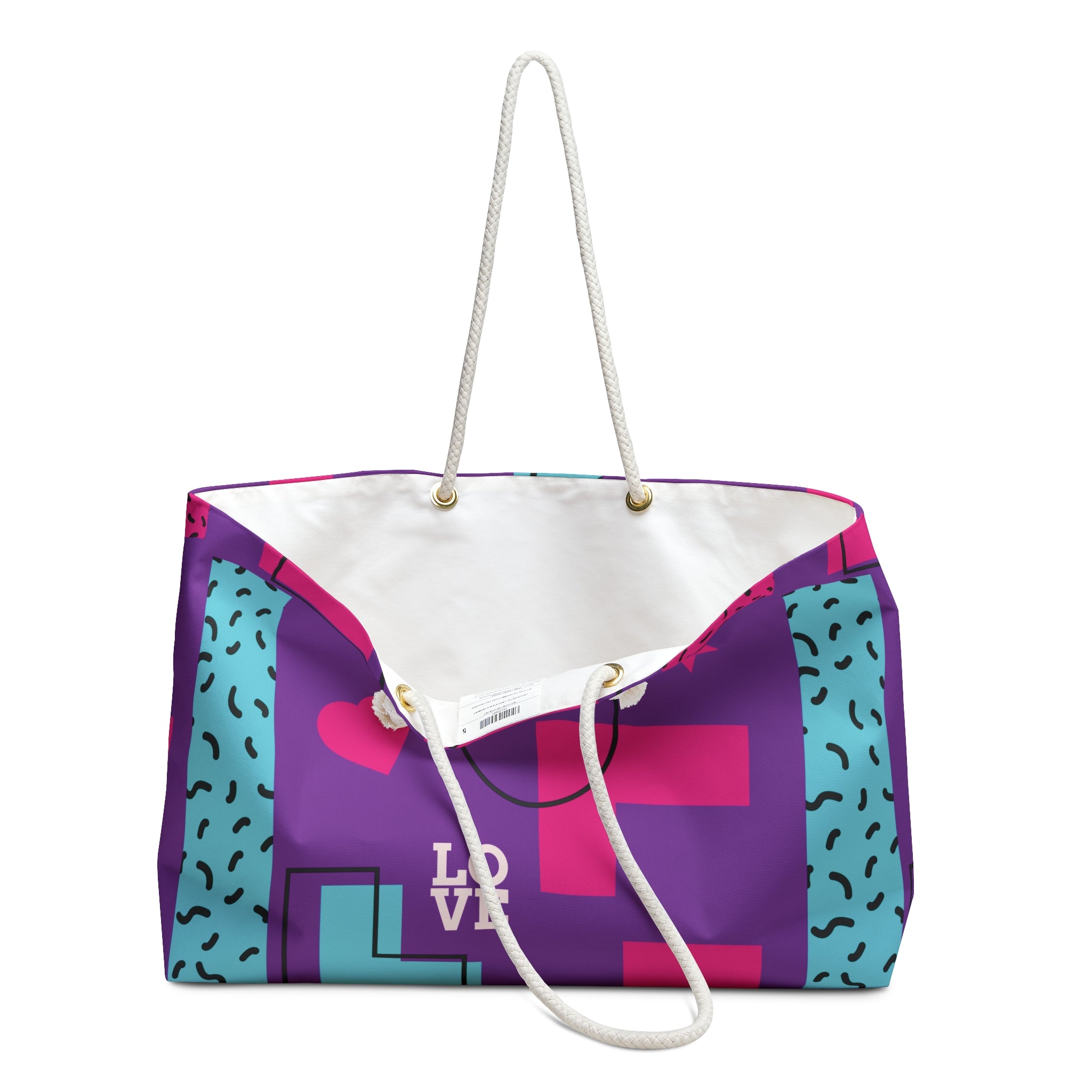 LOVE Retro Blocks Purple Eco-Friendly Weekender Bag, Travel Tote, Beach Bag