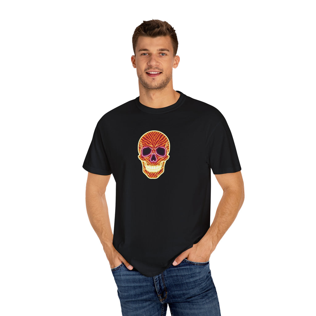 Neon Orange Flame Vibe Zebra Print Skull Unisex Garment-Dyed T-shirt