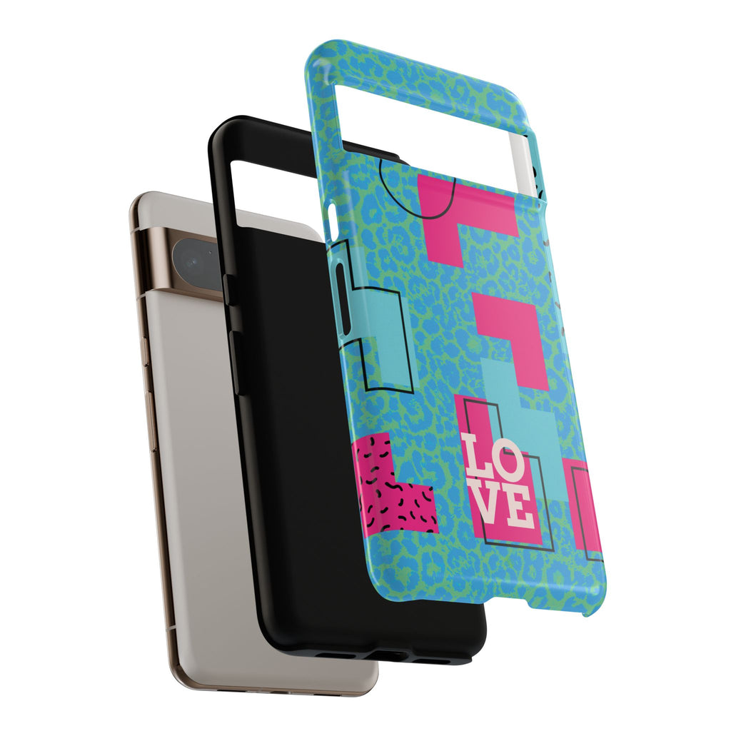 LOVE Aqua Blue Leopard RG Tough Phone Case iPhone, Galaxy, or Google Pixel