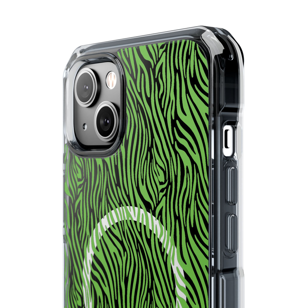 Neon Green Zebra Magnetic iPhone 14, 15, 16 Series Clear Impact Cases