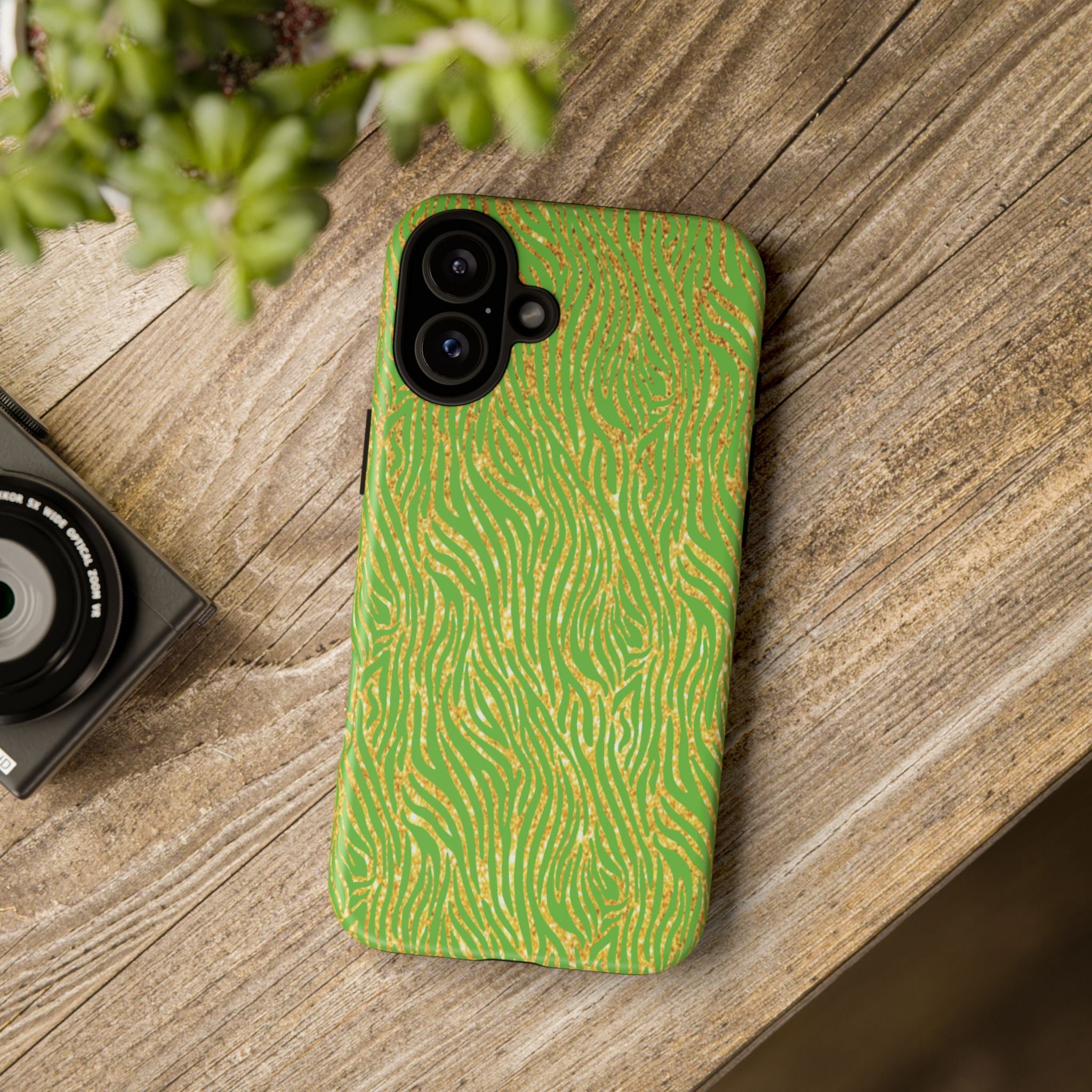 Neon Green Gold Zebra Tough Phone Case for iPhone, Galaxy, or Google Pixel