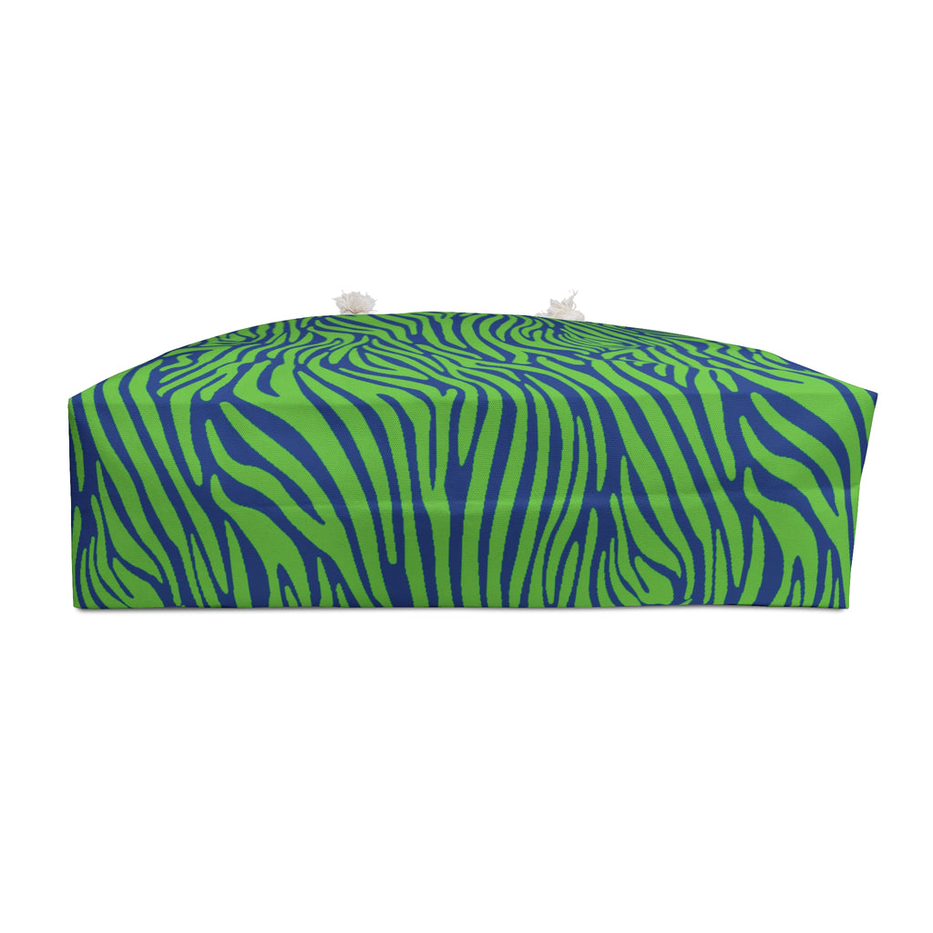 Neon Green Blue Zebra Eco Friendly Weekender Bag, Travel Tote, Beach Bag