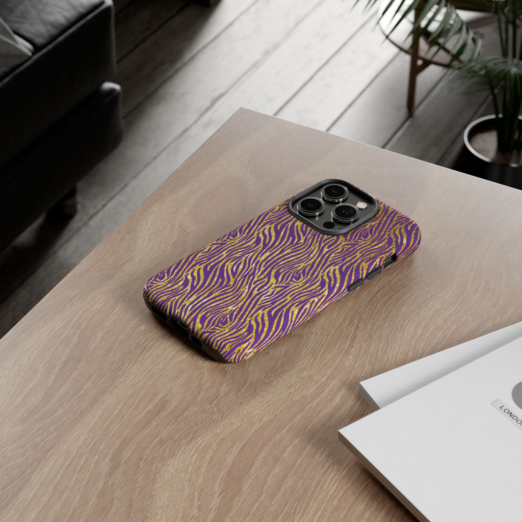 Vibrant Purple Gold Zebra Tough Phone Case iPhone, Galaxy, or Google Pixel