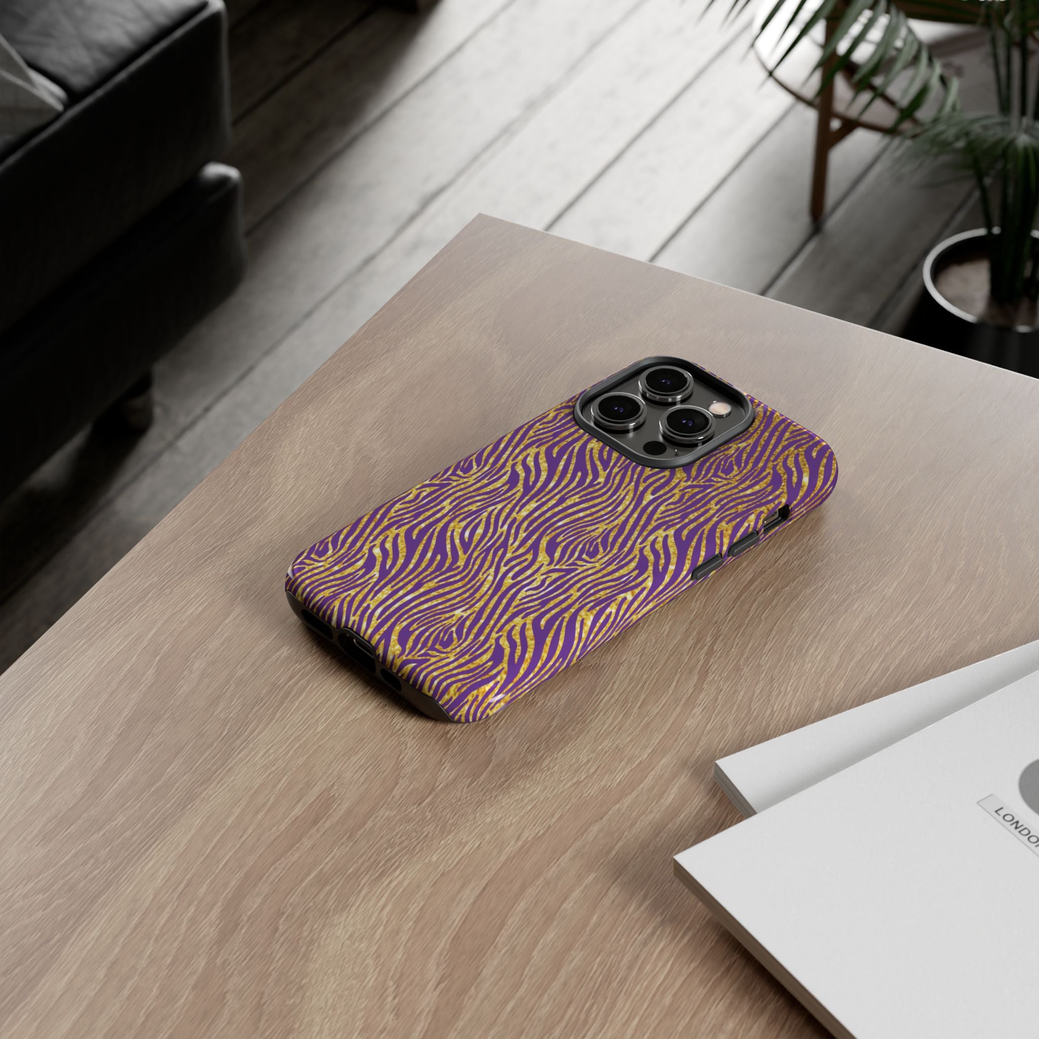 Vibrant Purple Gold Zebra Tough Phone Case iPhone, Galaxy, or Google Pixel