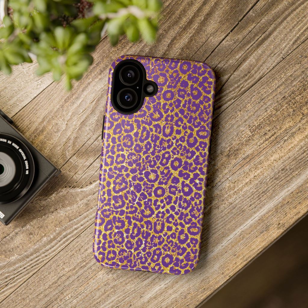 Purple Gold Leopard Tough Phone Case for iPhone, Galaxy, or Google Pixel