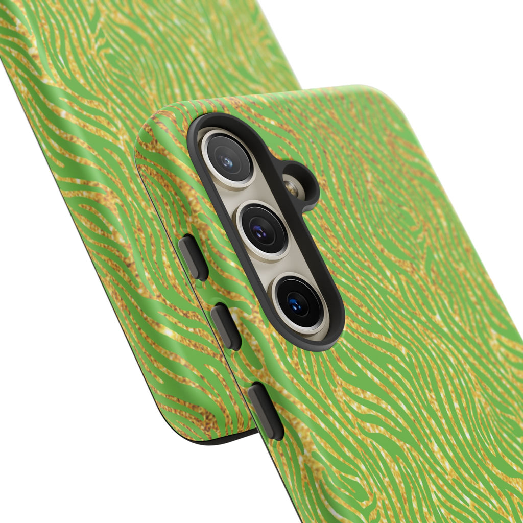 Neon Green Gold Zebra Tough Phone Case for iPhone, Galaxy, or Google Pixel