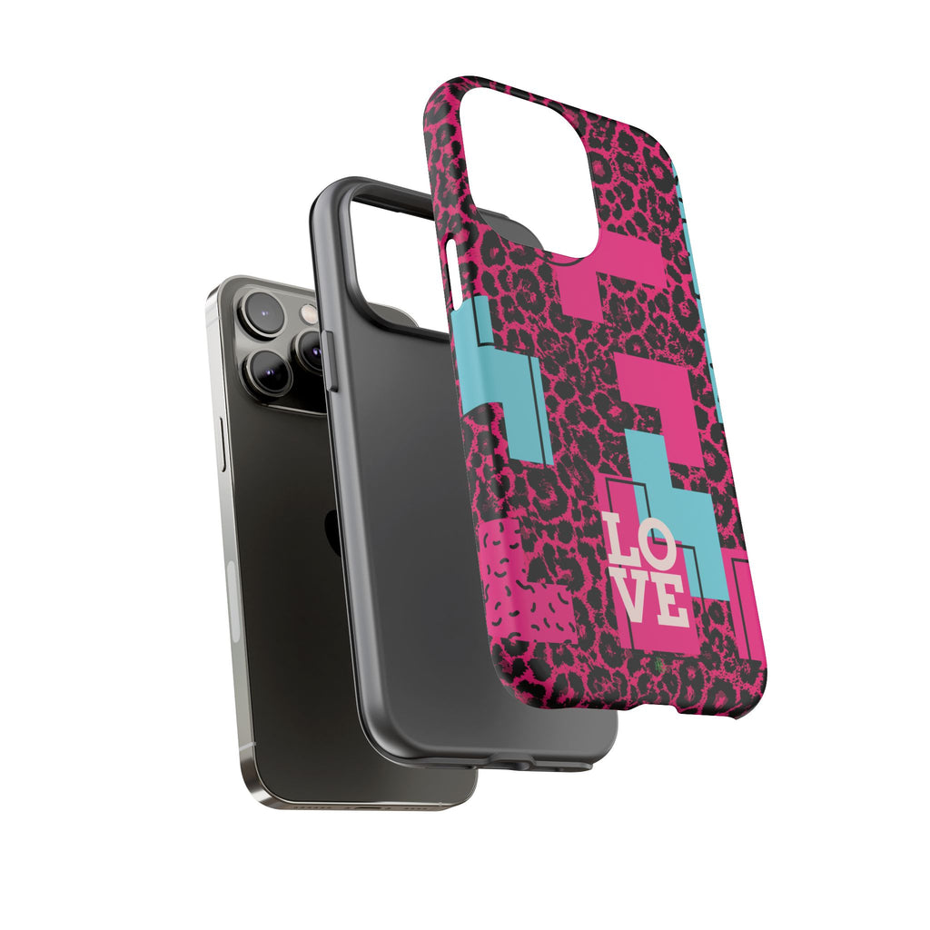 Pink Love Retro Blocks Leopard RG Tough Phone Case for iPhone, Galaxy, or Google Pixel