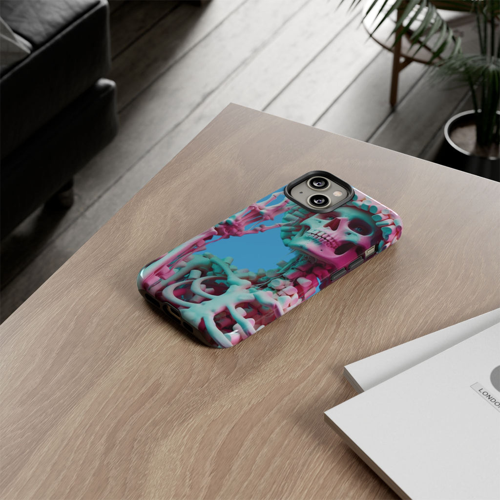 Neon Pink Skeleton Blue Tough Phone Case for iPhone, Galaxy or Google Pixel
