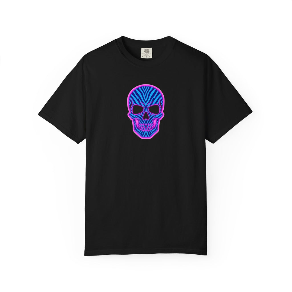 Neon Blue and Purple Zebra Print Skull Unisex Garment-Dyed T-shirt