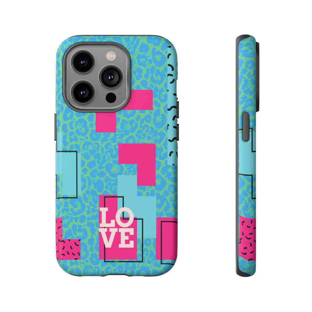 LOVE Aqua Blue Leopard RG Tough Phone Case iPhone, Galaxy, or Google Pixel