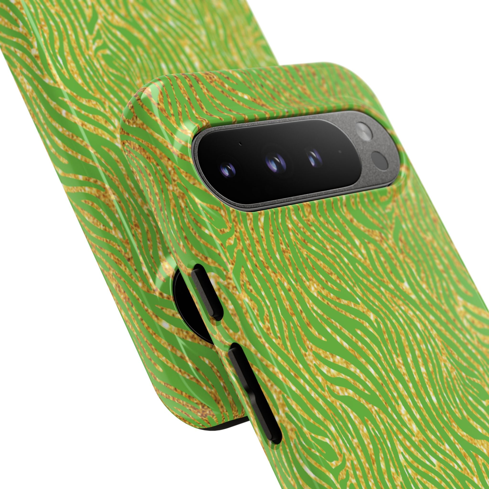 Neon Green Gold Zebra Tough Phone Case for iPhone, Galaxy, or Google Pixel