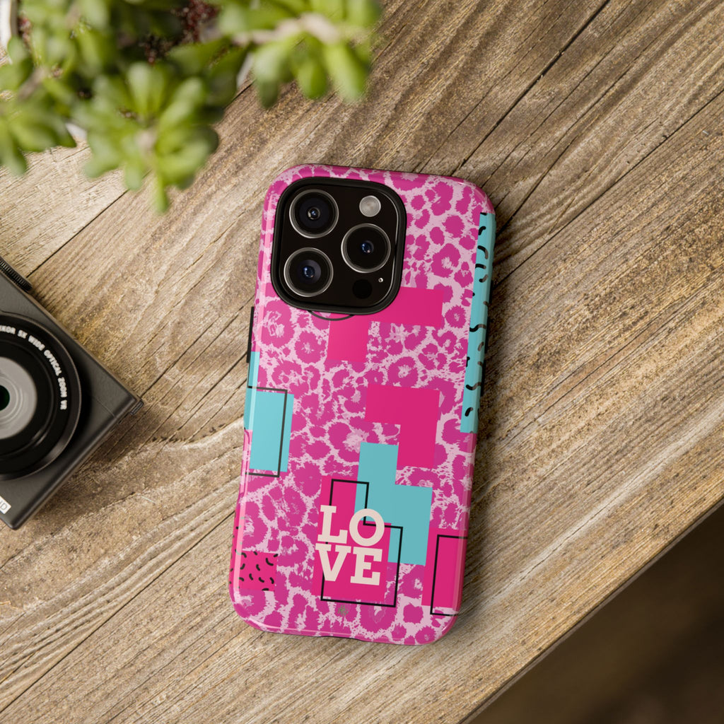 Retro Love Pink Leopard RG Tough Phone Case for iPhone, Galaxy, or Google Pixel