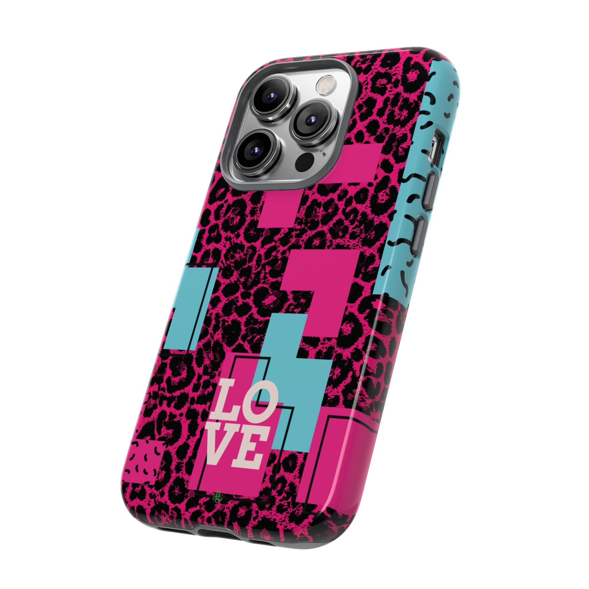 Pink Love Retro Blocks Leopard RG Tough Phone Case for iPhone, Galaxy, or Google Pixel