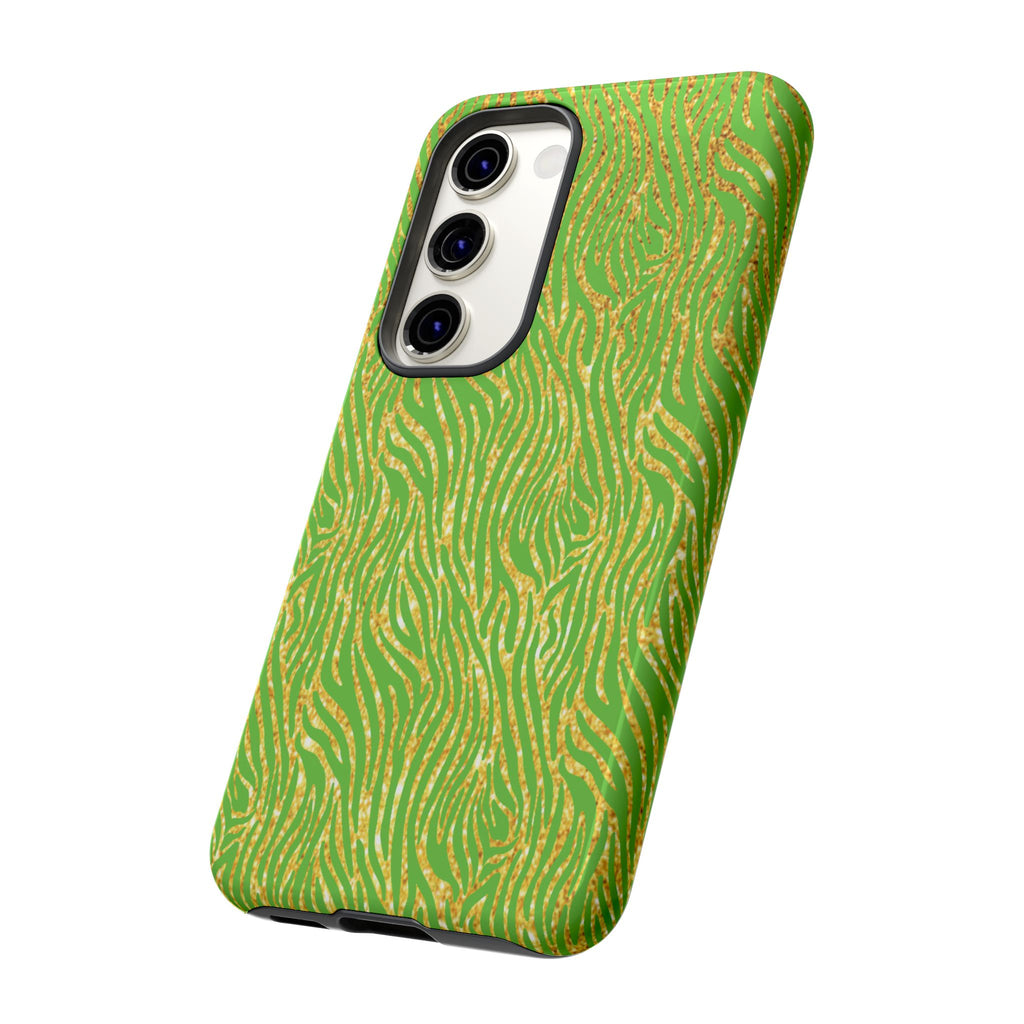 Neon Green Gold Zebra Tough Phone Case for iPhone, Galaxy, or Google Pixel