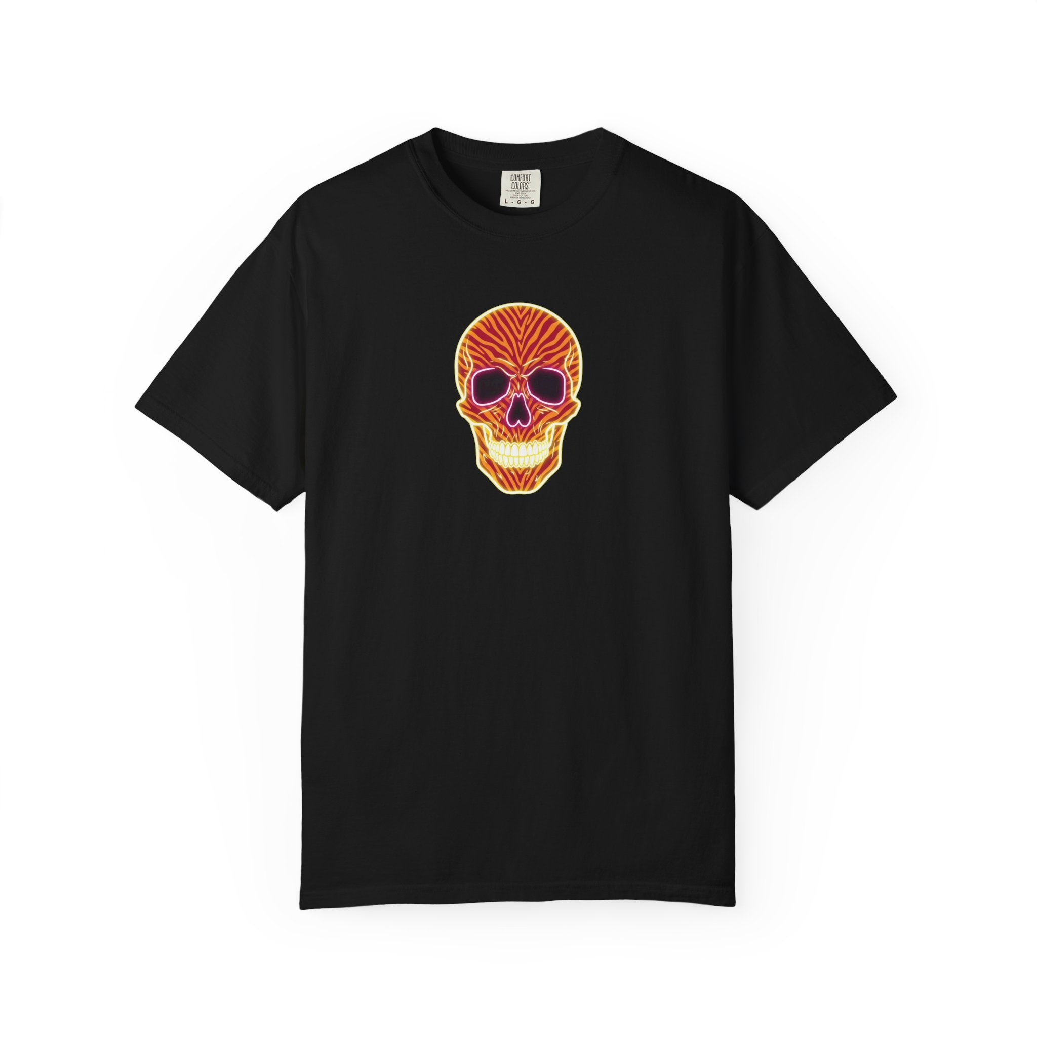 Neon Orange Flame Vibe Zebra Print Skull Unisex Garment-Dyed T-shirt