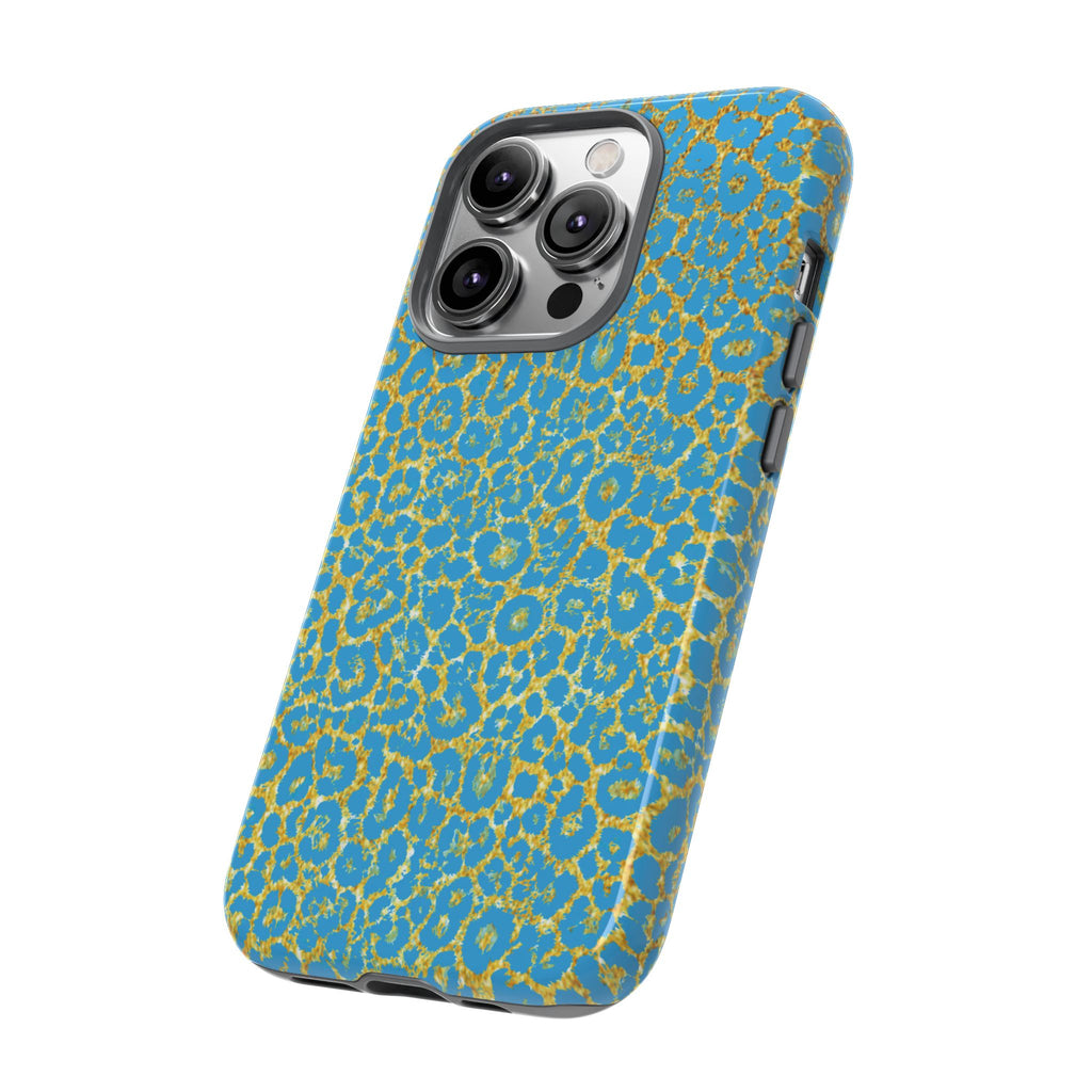 Blue Gold Leopard Tough Phone Case for iPhone, Galaxy, or Google Pixel