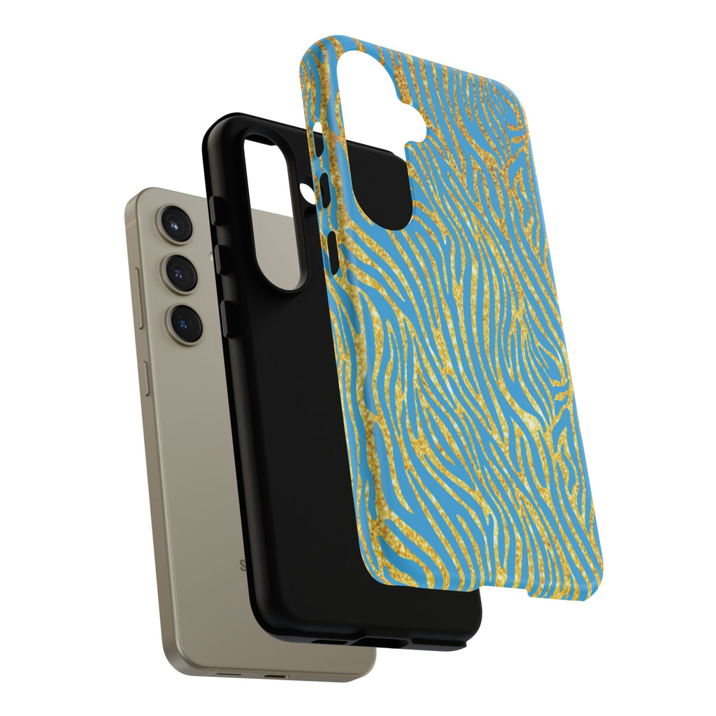 Blue Gold Zebra Tough Case for iPhone, Galaxy, or Google Pixel