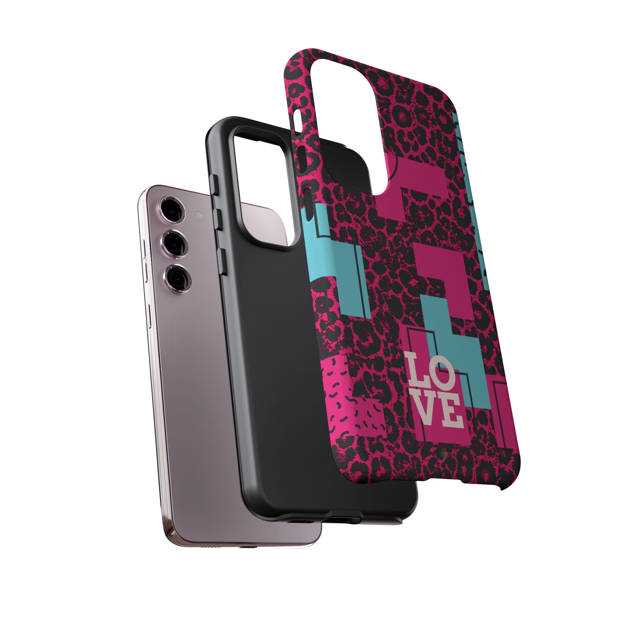 Pink Love Retro Blocks Leopard RG Tough Phone Case for iPhone, Galaxy, or Google Pixel