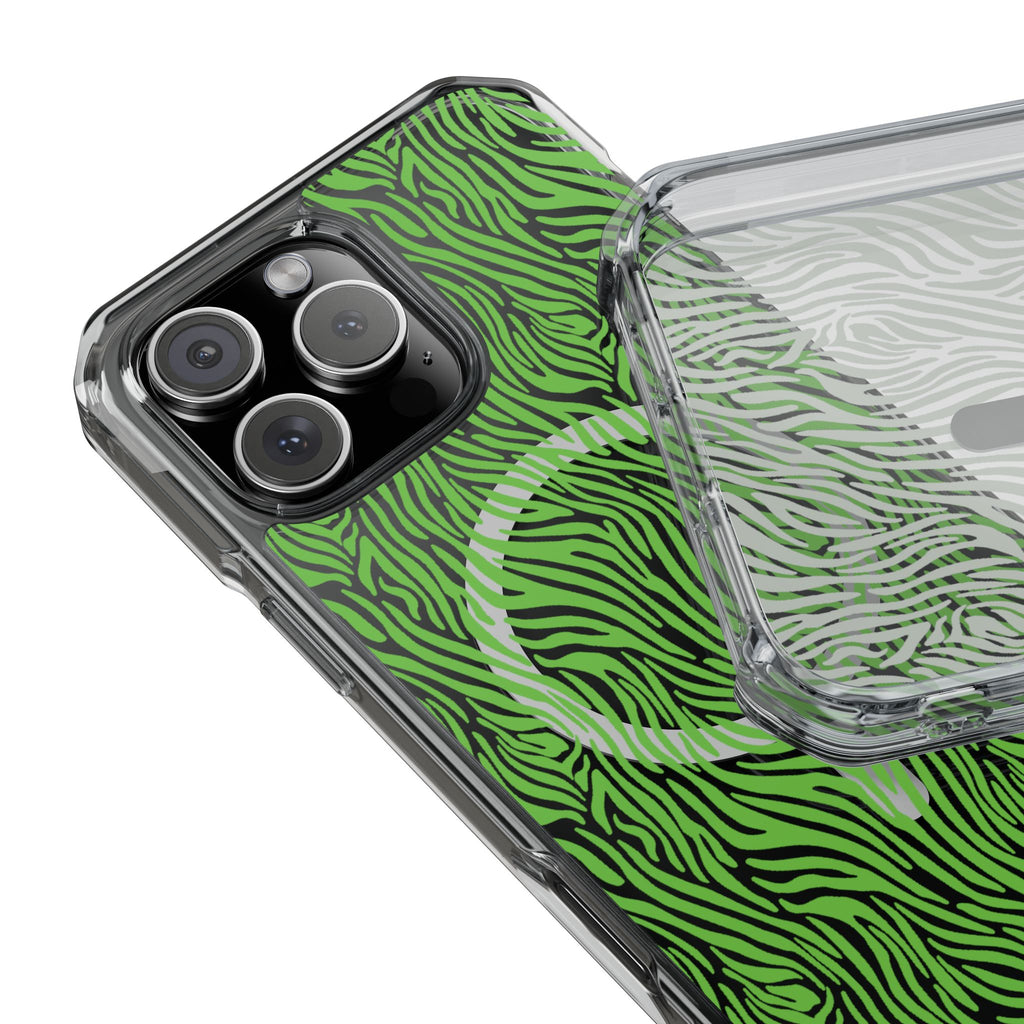 Neon Green Zebra Magnetic iPhone 14, 15, 16 Series Clear Impact Cases