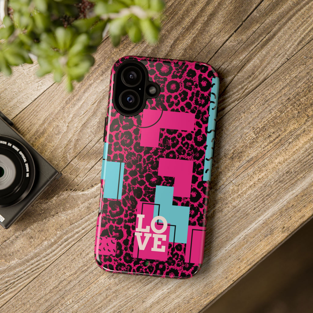 Pink Love Retro Blocks Leopard RG Tough Phone Case for iPhone, Galaxy, or Google Pixel