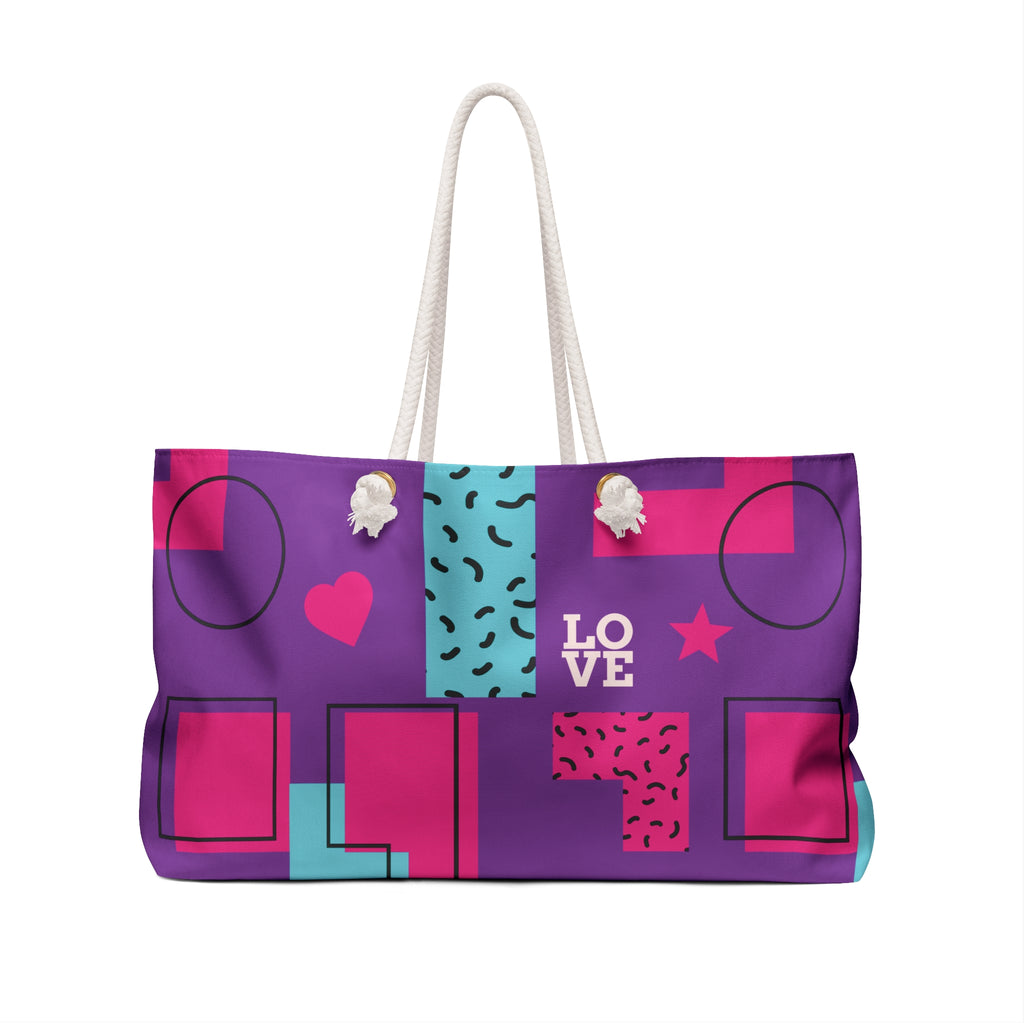 LOVE Retro Blocks Purple Eco-Friendly Weekender Bag, Travel Tote, Beach Bag