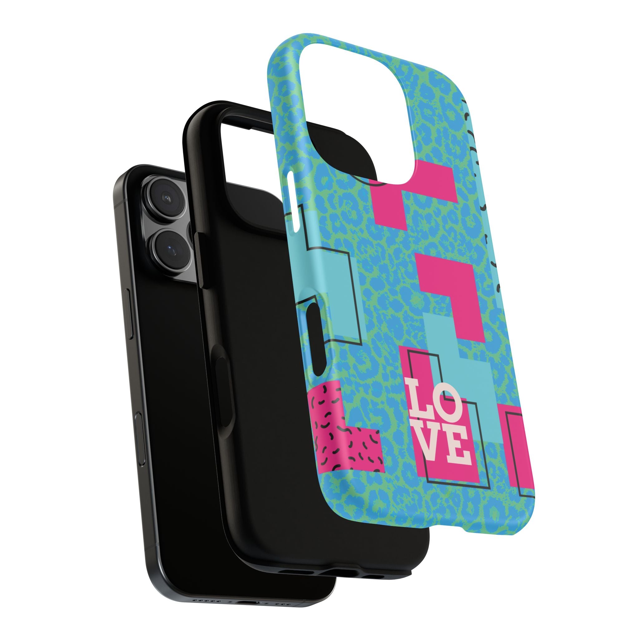 LOVE Aqua Blue Leopard RG Tough Phone Case iPhone, Galaxy, or Google Pixel