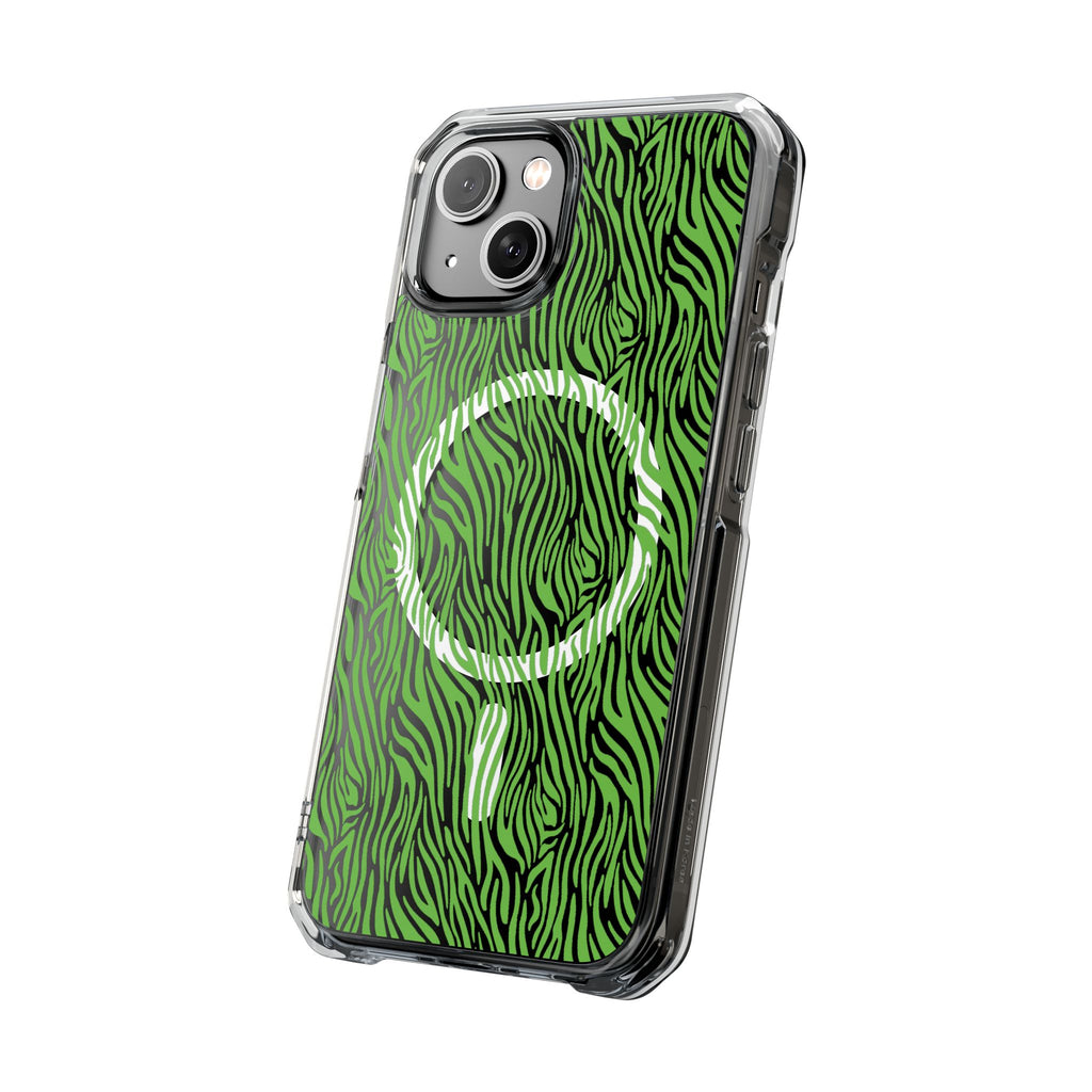Neon Green Zebra Magnetic iPhone 14, 15, 16 Series Clear Impact Cases