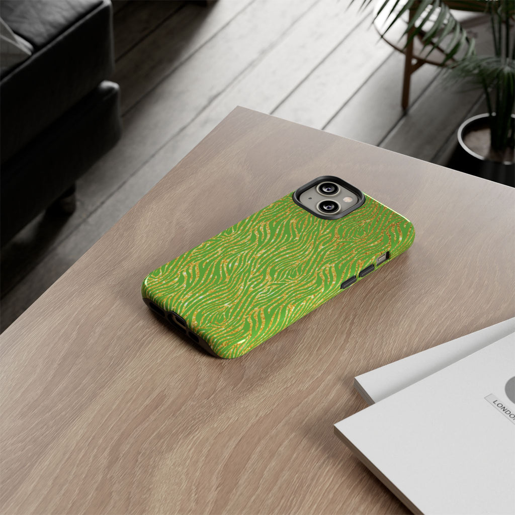 Neon Green Gold Zebra Tough Phone Case for iPhone, Galaxy, or Google Pixel