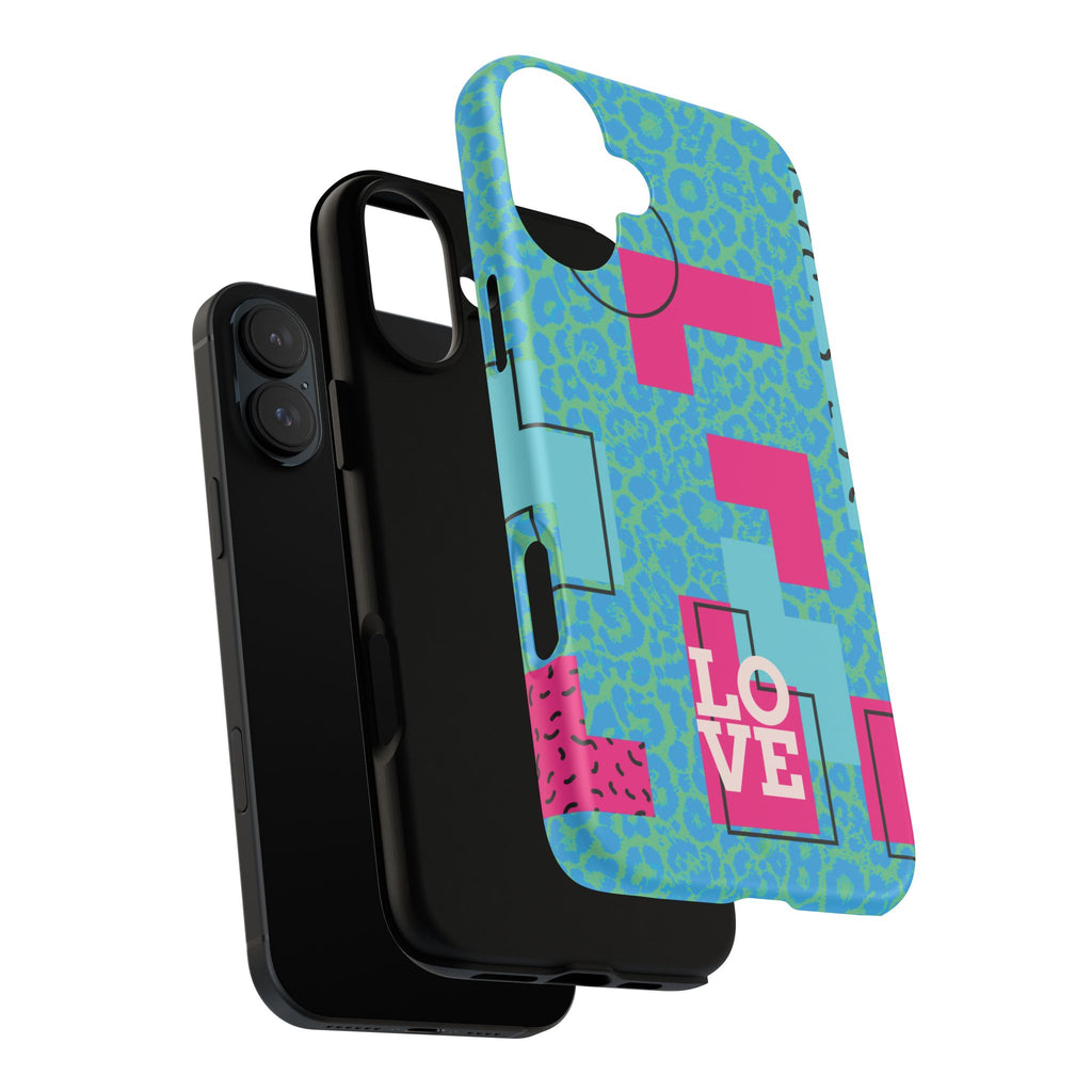 LOVE Aqua Blue Leopard RG Tough Phone Case iPhone, Galaxy, or Google Pixel