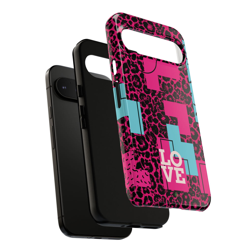 Pink Love Retro Blocks Leopard RG Tough Phone Case for iPhone, Galaxy, or Google Pixel