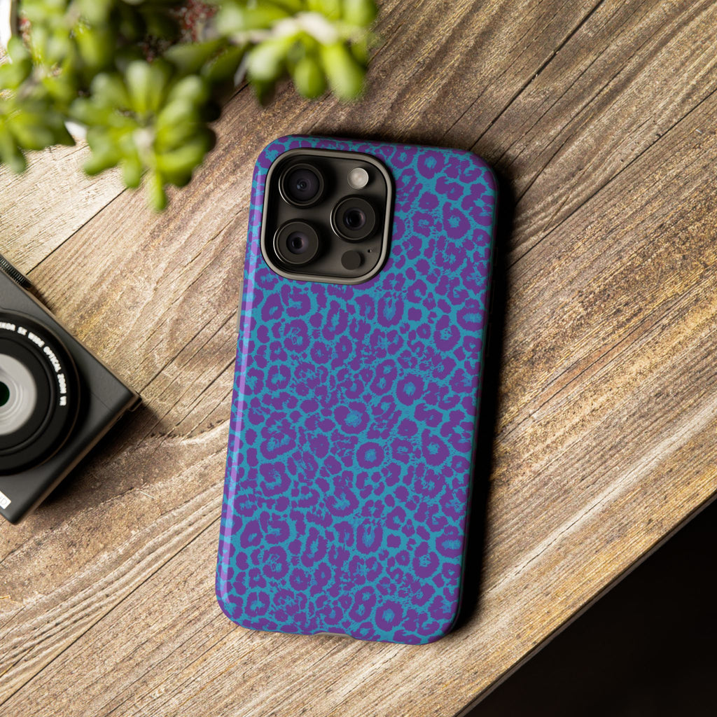 Leopard Printed Purple Blue Tough Phone Case for iPhone, Galaxy, or Google Pixel