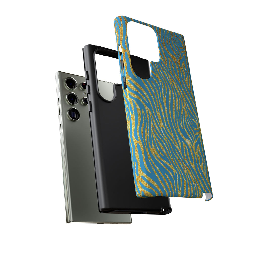 Blue Gold Zebra Tough Case for iPhone, Galaxy, or Google Pixel
