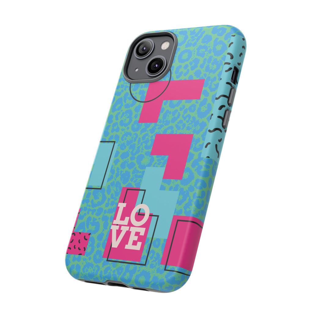LOVE Aqua Blue Leopard RG Tough Phone Case iPhone, Galaxy, or Google Pixel