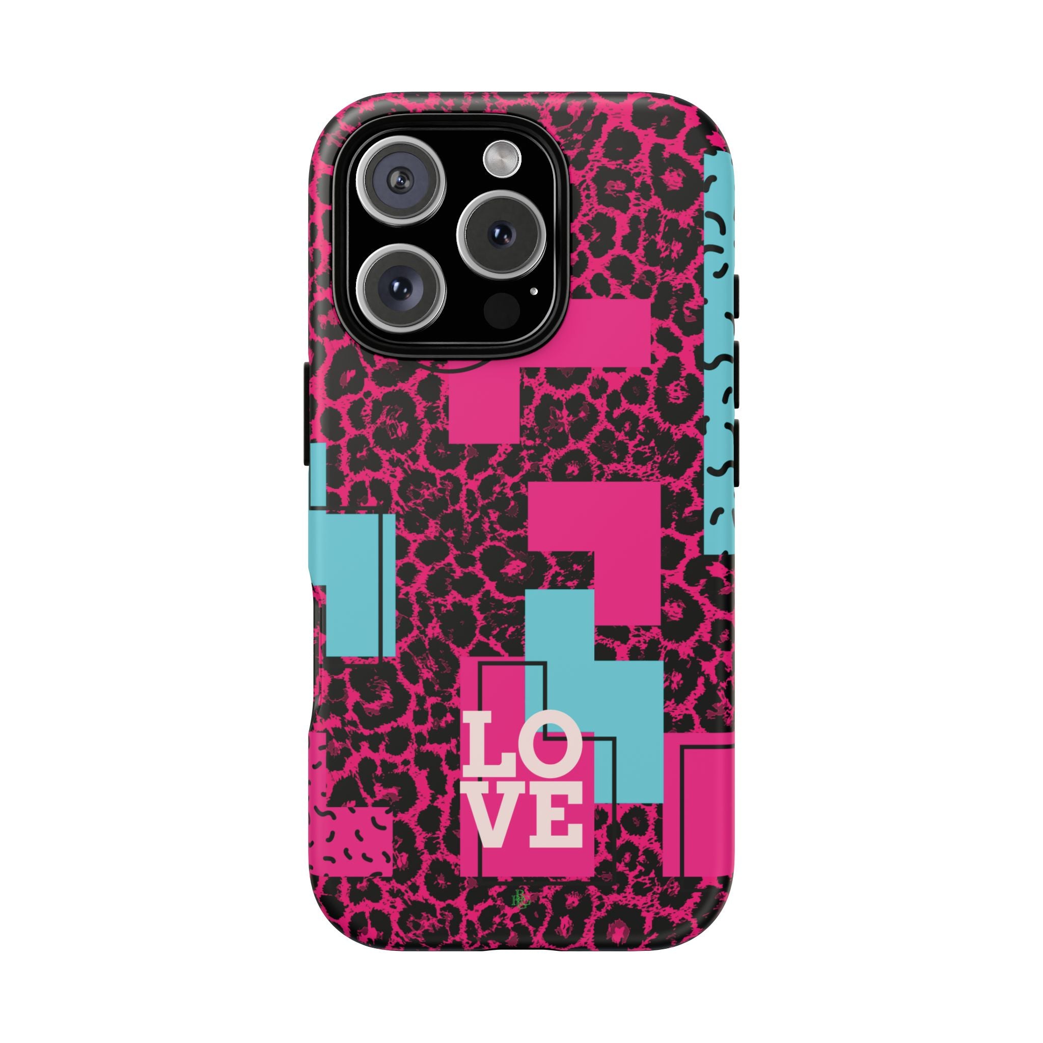 Pink Love Retro Blocks Leopard RG Tough Phone Case for iPhone, Galaxy, or Google Pixel