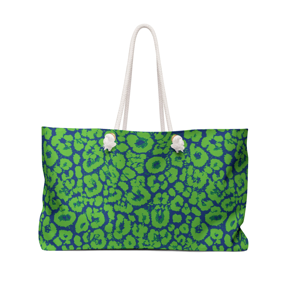 Neon Green Blue Leopard Eco Friendly Weekender Bag, Travel Tote, Beach Bag