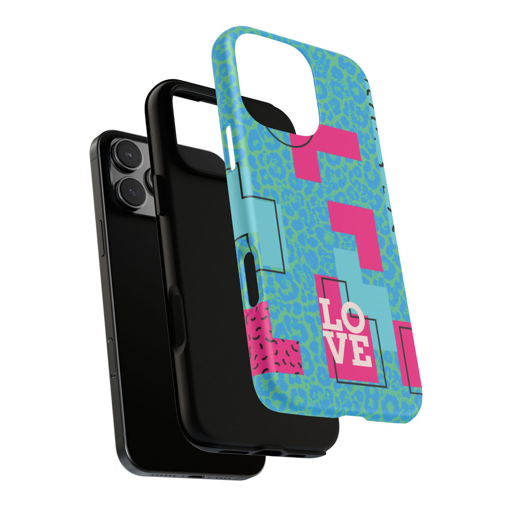 LOVE Aqua Blue Leopard RG Tough Phone Case iPhone, Galaxy, or Google Pixel
