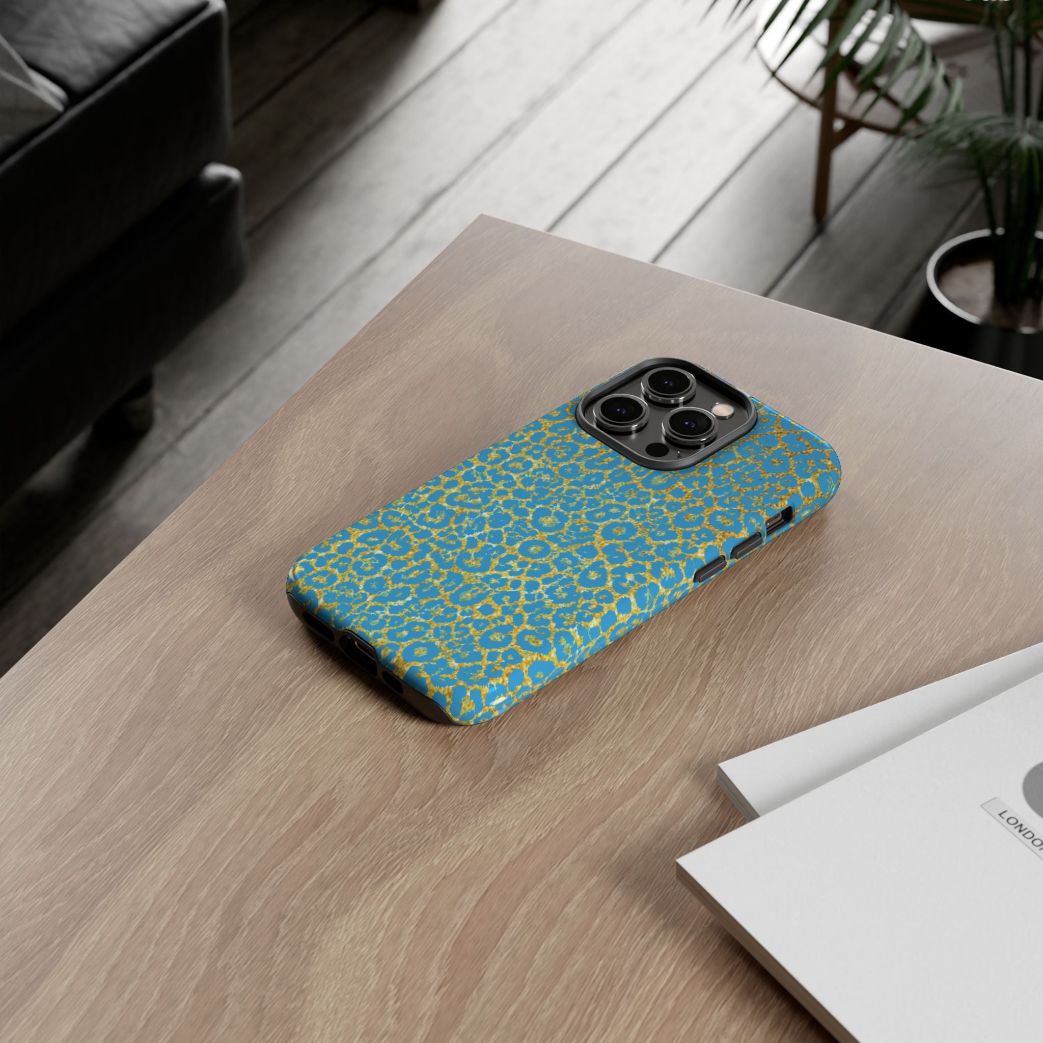 Blue Gold Leopard Tough Phone Case for iPhone, Galaxy, or Google Pixel
