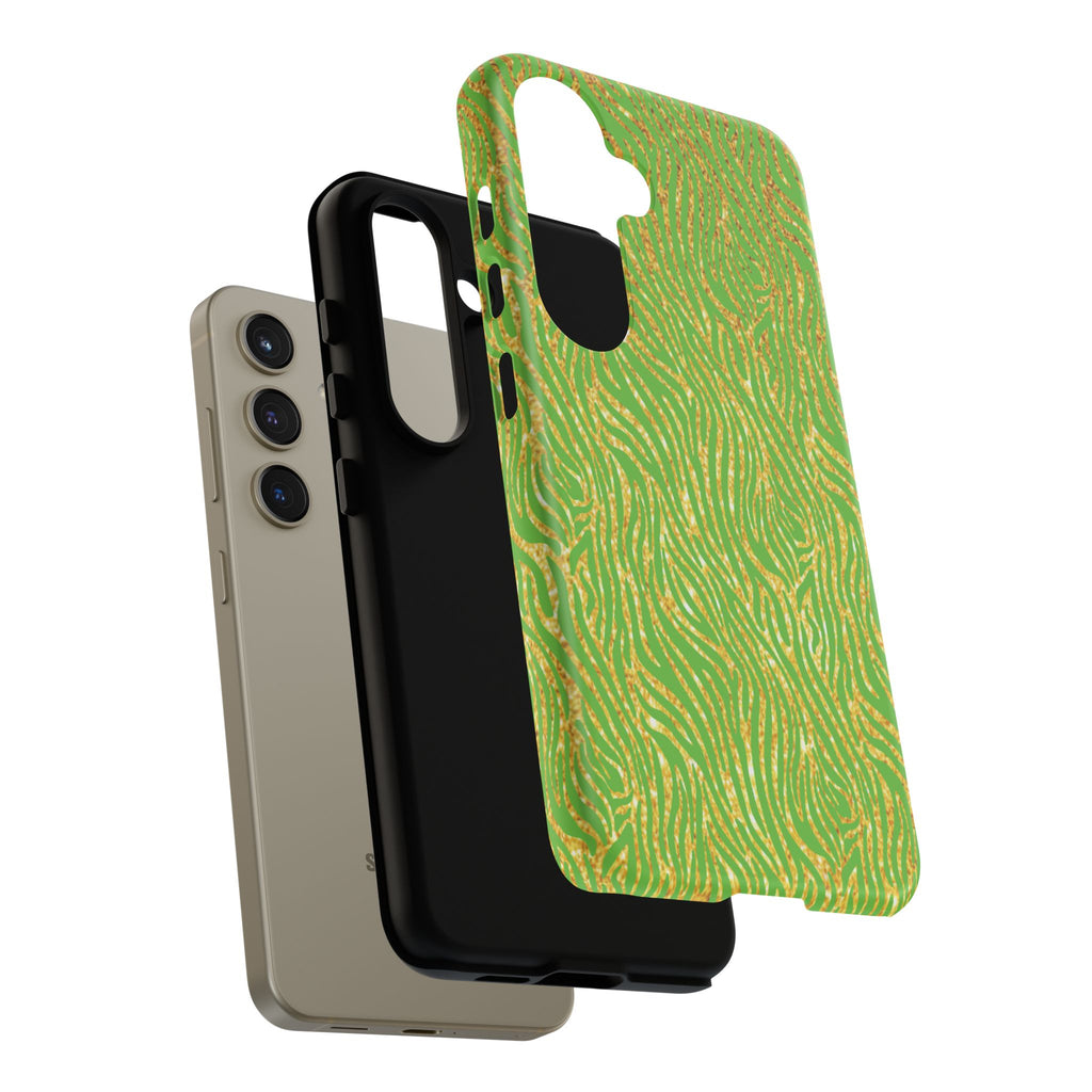 Neon Green Gold Zebra Tough Phone Case for iPhone, Galaxy, or Google Pixel