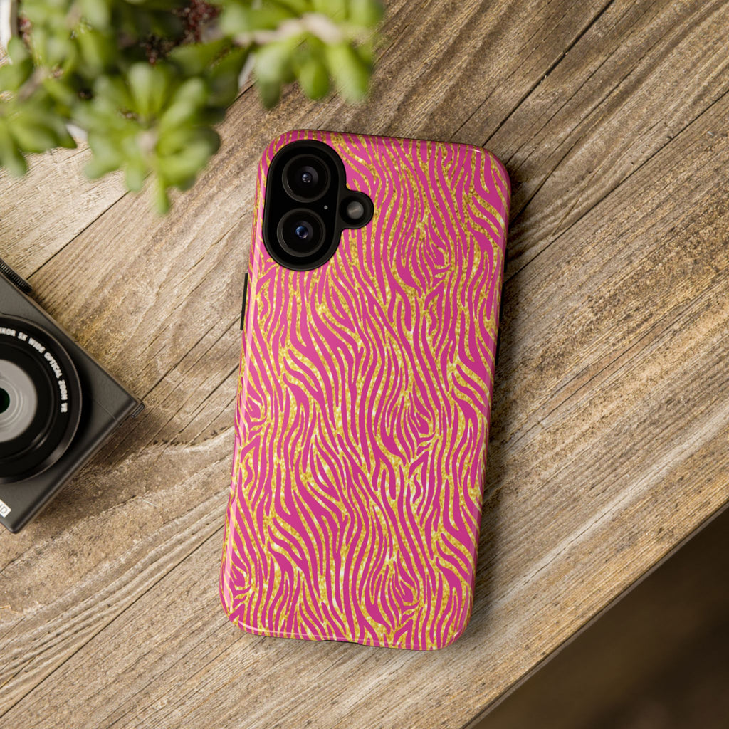Pink Gold Zebra Print Tough Case for iPhone, Galaxy, or Google Pixel