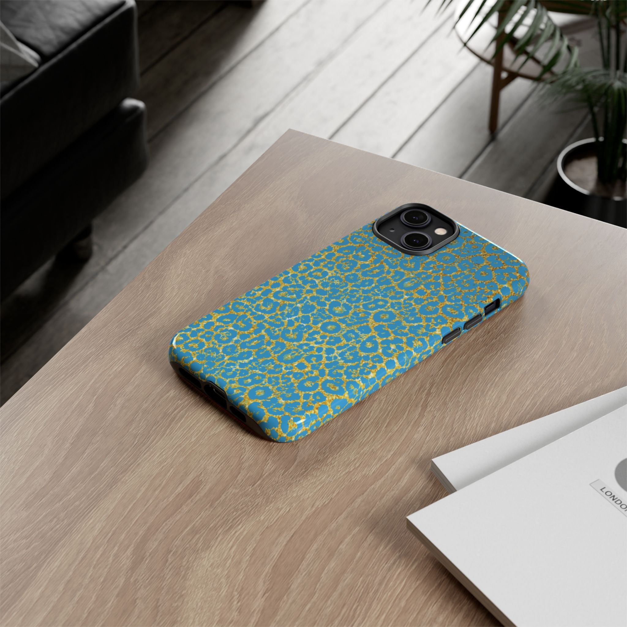 Blue Gold Leopard Tough Phone Case for iPhone, Galaxy, or Google Pixel