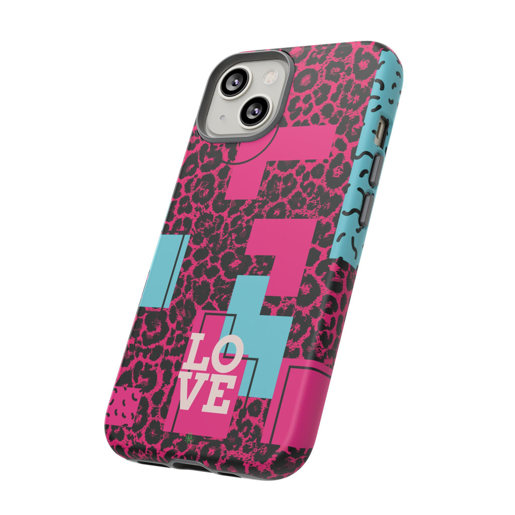 Pink Love Retro Blocks Leopard RG Tough Phone Case for iPhone, Galaxy, or Google Pixel